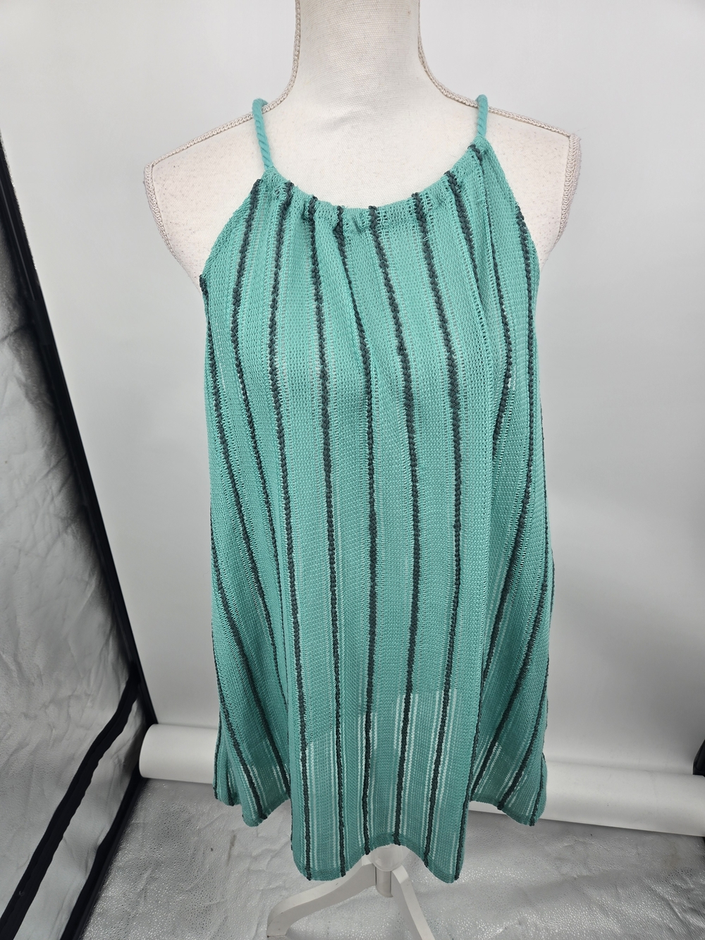 C&C California Green On Green Striped Knit Mini Halter Dress Large (7315)